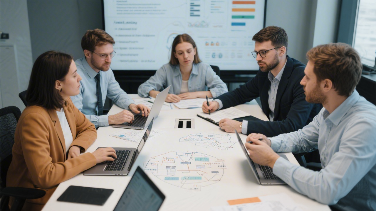 Small analytics team conducting strategic workshop around table reviewing trade tax workflows and compliance obligations with laptops and diagrams