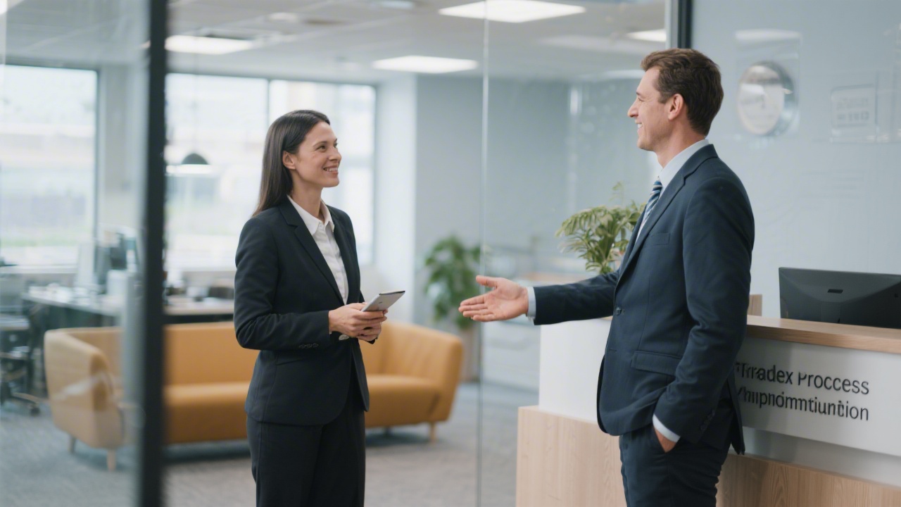 Client advisor speaking with entrepreneur while reviewing trade tax documents in bright consultation room with laptop and notebooks