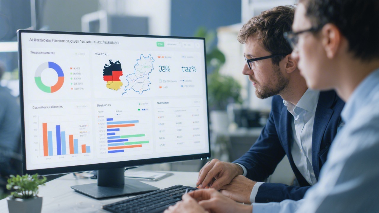 Business analysts reviewing municipal tax rate dashboard on large monitor with charts, tables, and maps to optimize German trade tax strategy for mid-sized companies