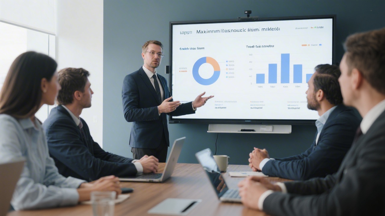 Financial consultant presenting comparative trade tax scenario charts to stakeholders in modern conference room with digital whiteboard