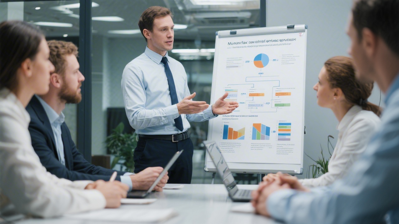 Specialist presenting structured service framework with charts and flow diagrams for municipal tax optimization to corporate finance team