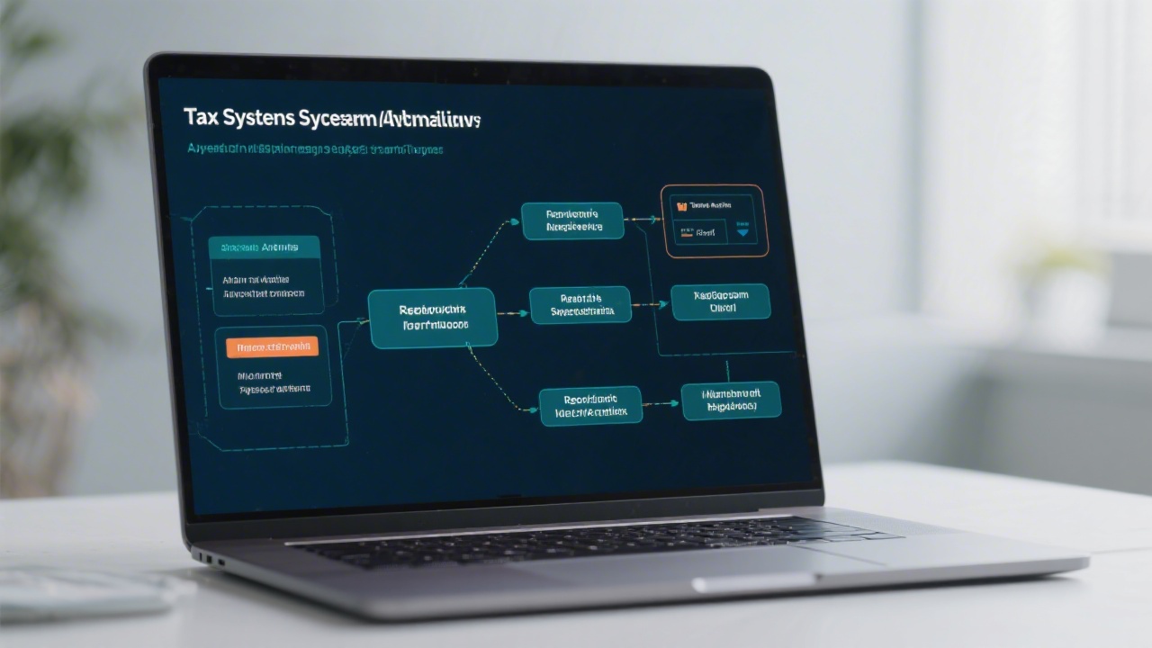 Automation flow diagram on laptop screen illustrating interconnected tax data systems workflows alerts and reporting modules