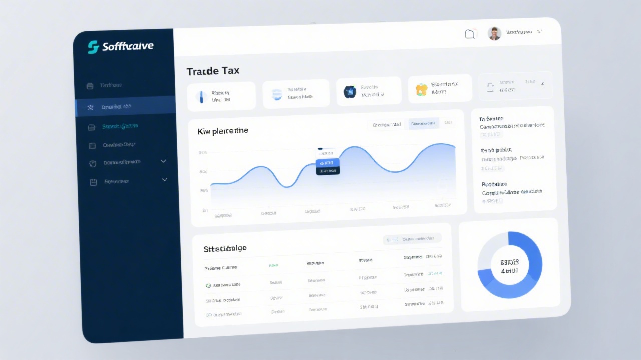 Clean software interface showing trade tax dashboard with key performance indicators charts compliance checkpoints and notification stream for finance managers